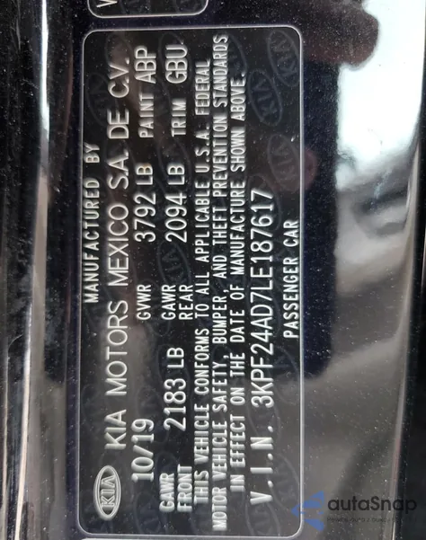 2020 Kia Forte Fe z USA, uszkodzony, nr VIN 3KPF24AD7LE187617